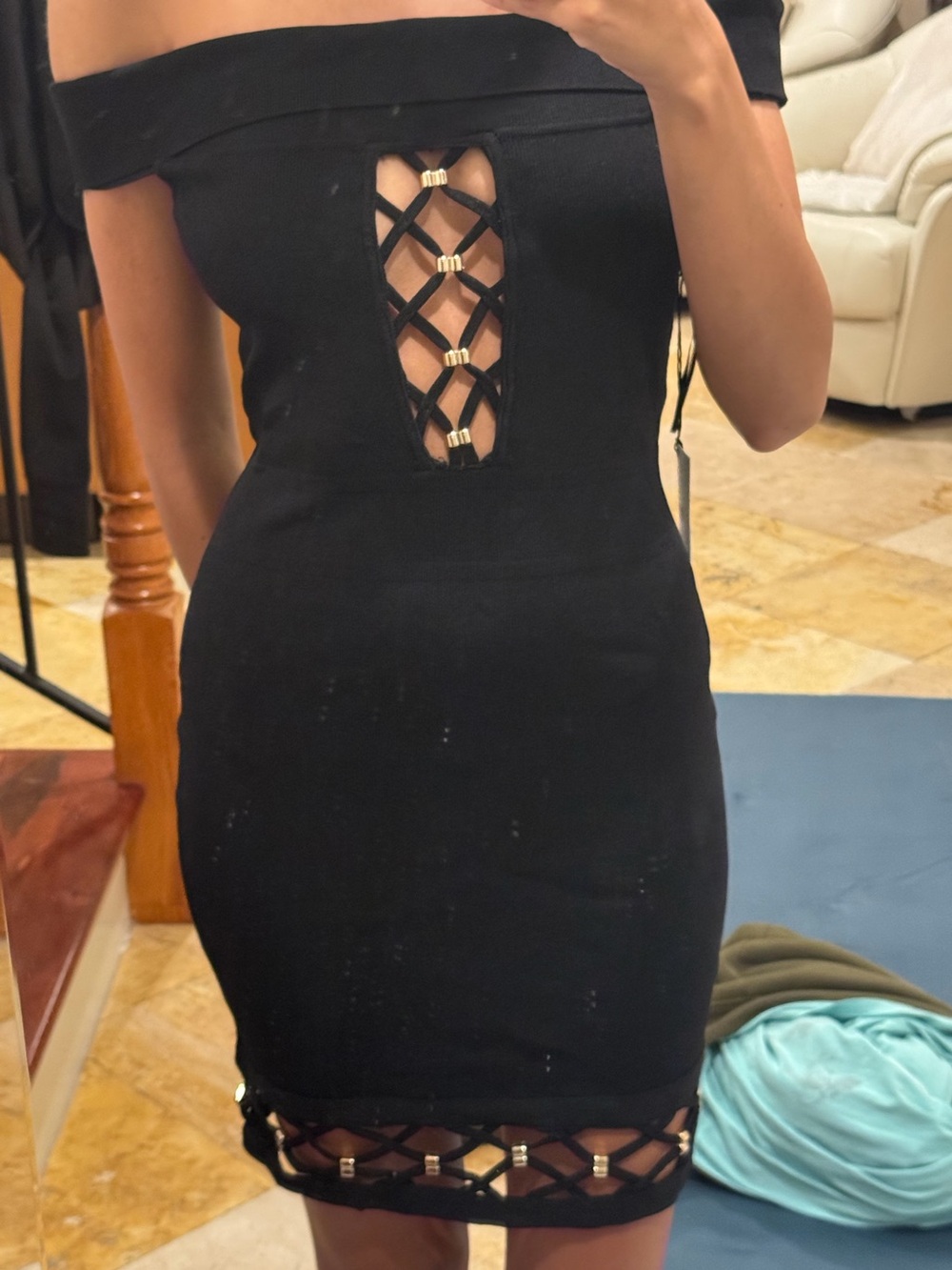 NWT By The Way. Black gold XS off the shoulder Mini Bodycon bandage Dress Cutout